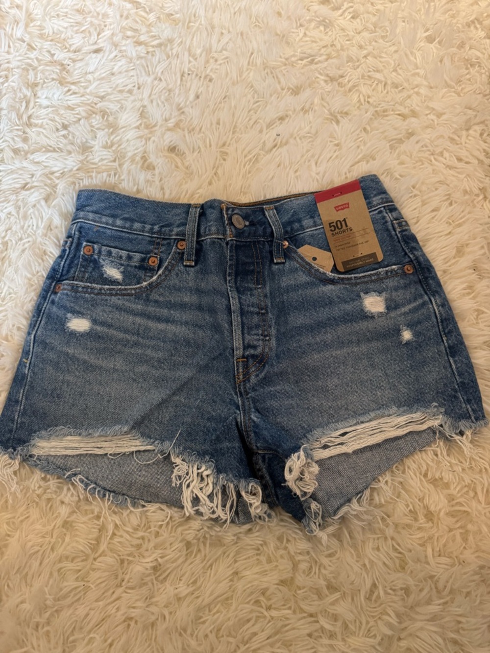 Levi's 501 High-Rise Distressed Denim Shorts - Blue. Size 26. NEW WITH TAGS!